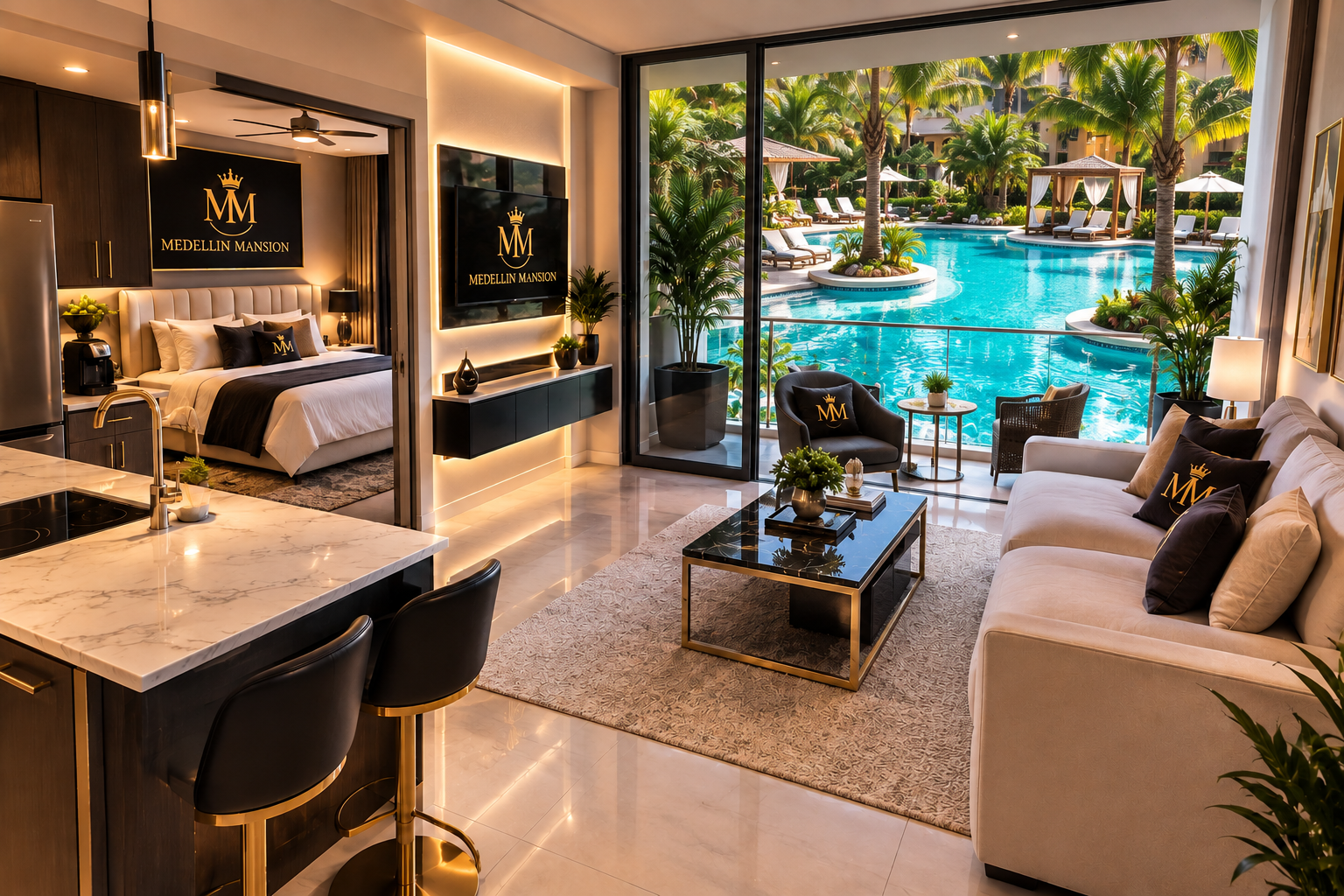 Medellin Mansion suite interior with living area, kitchen and balcony overlooking the resort pool